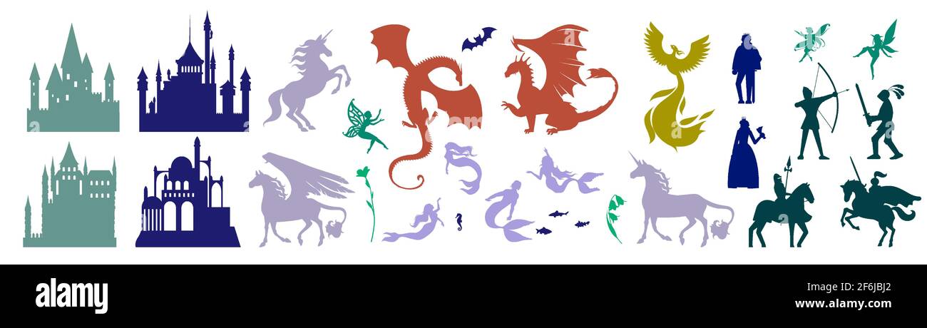 Castello medievale e mitica fiaba set di caratteri, illustrazione vettoriale. Unicorno magico, Pegasus, firebird, carino fata Illustrazione Vettoriale