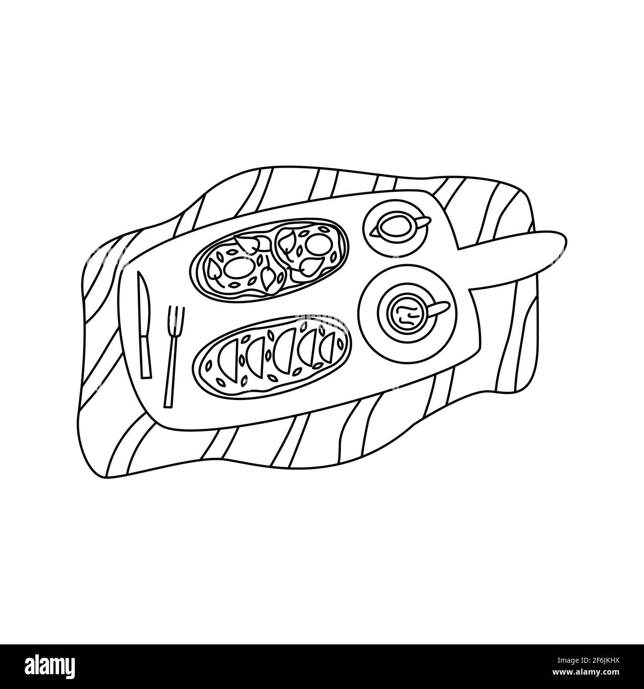 Vassoio con due panini, tazza di caffè e panna. Coltello e forcella. Colazione gustosa. Panini con uova strapazzate, semi di sesamo ed erbe, cagliato Illustrazione Vettoriale