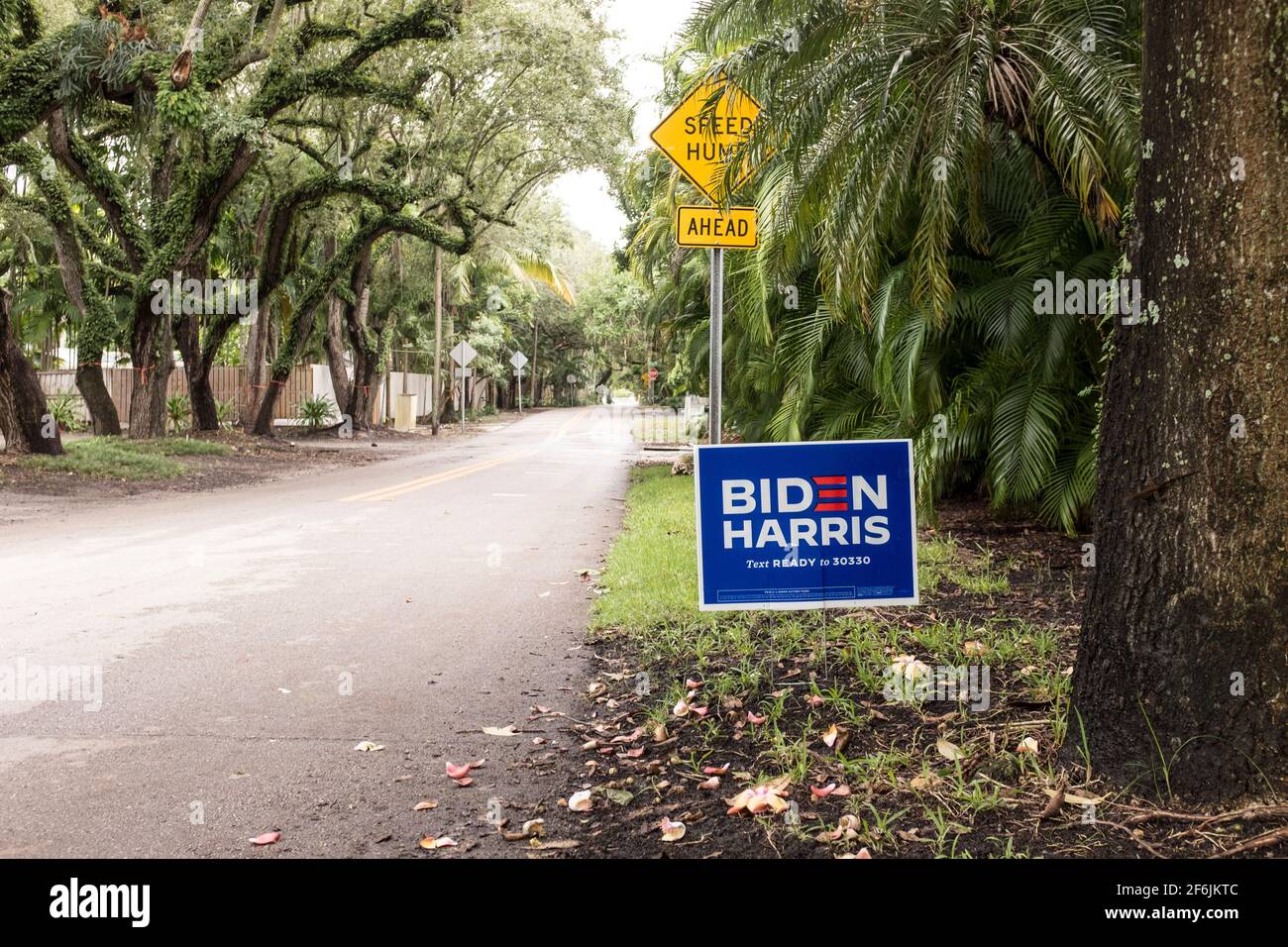 Una campagna politica segno lettura Biden Harris è visto dal lato della strada in un quartiere benestante, nel periodo fino alle elezioni generali di novembre 2020, a Miami, Florida, Stati Uniti Foto Stock