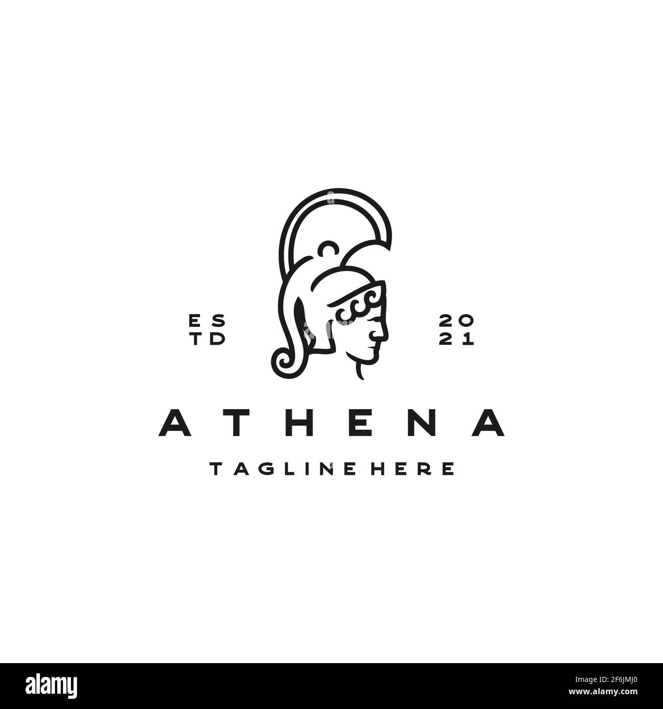 Modello di design con logo della dea greca Athena Line Art. Vettore elegante, di lusso, di alta qualità Illustrazione Vettoriale
