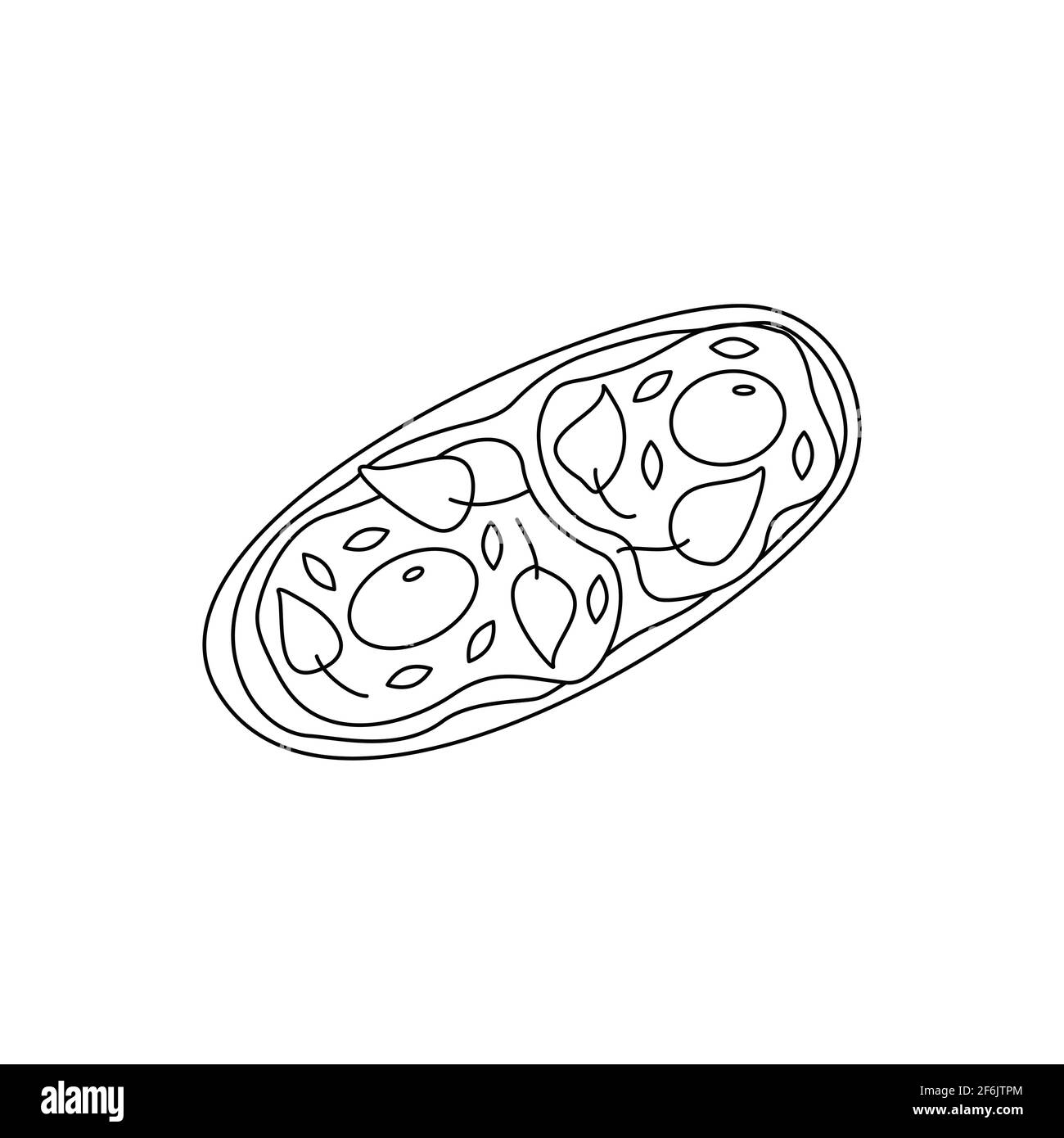 Sandwich con uova strapazzate, semi di sesamo ed erbe, formaggio di cagliata, colazione o spuntino. Vettore di illustrazione di doodle in bianco e nero Illustrazione Vettoriale