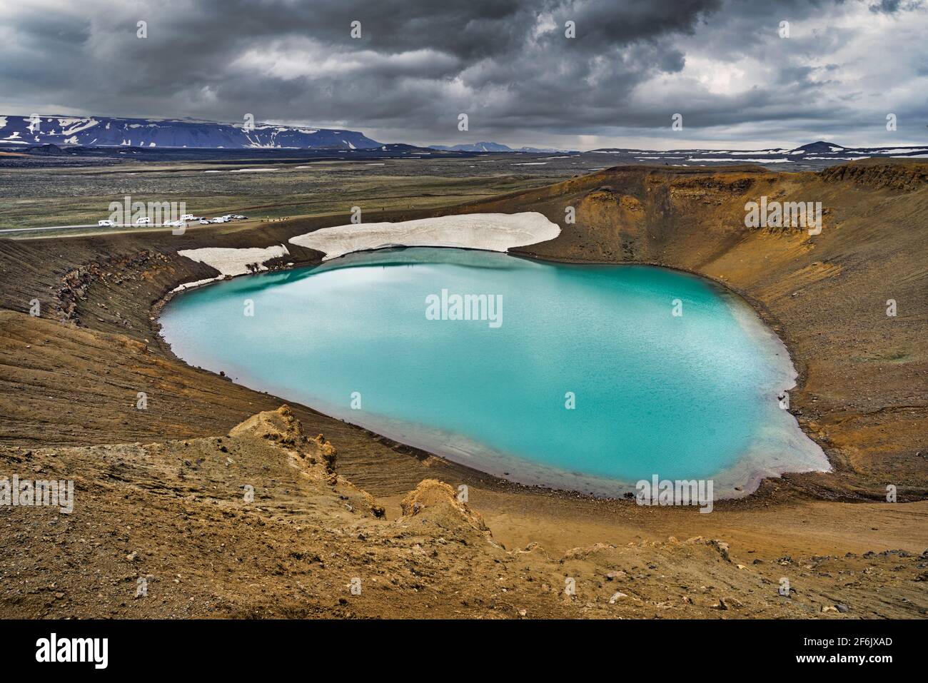 Krafla è una caldera vulcanica di circa 10 km di diametro con una zona di fessura lunga 90 km, nel nord dell'Islanda nella regione di Mývatn Foto Stock