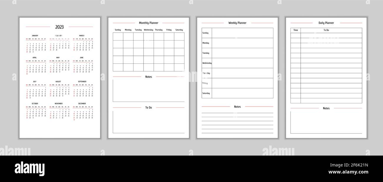 calendario 2023 e ogni giorno settimanale mensile diario pianificatore personale modello in stile classico rigoroso. Calendario mensile programma individuale minimalismo design ridotto per notebook aziendali. La settimana inizia la domenica Illustrazione Vettoriale