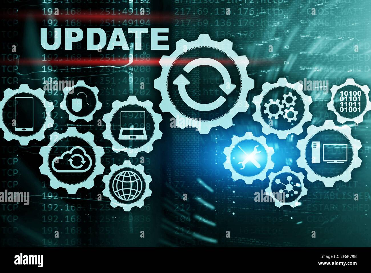 Aggiornamento del software sul computer schermo virtuale Sala Server Datacenter sfondo. Tecnologia il concetto di aggiornamento. Foto Stock