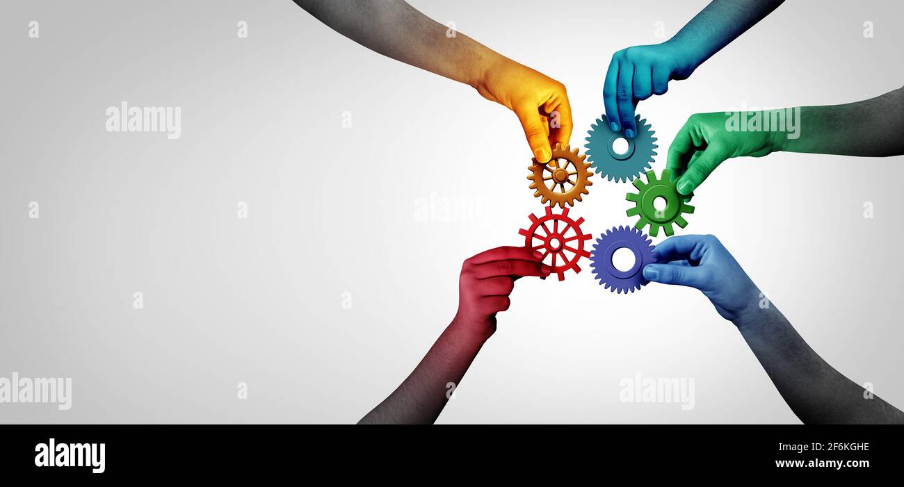 Collegare il concetto di team e l'unità o l'idea del lavoro di gruppo come metafora aziendale per unire una partnership come persone diverse collegate tra loro come un'azienda. Foto Stock