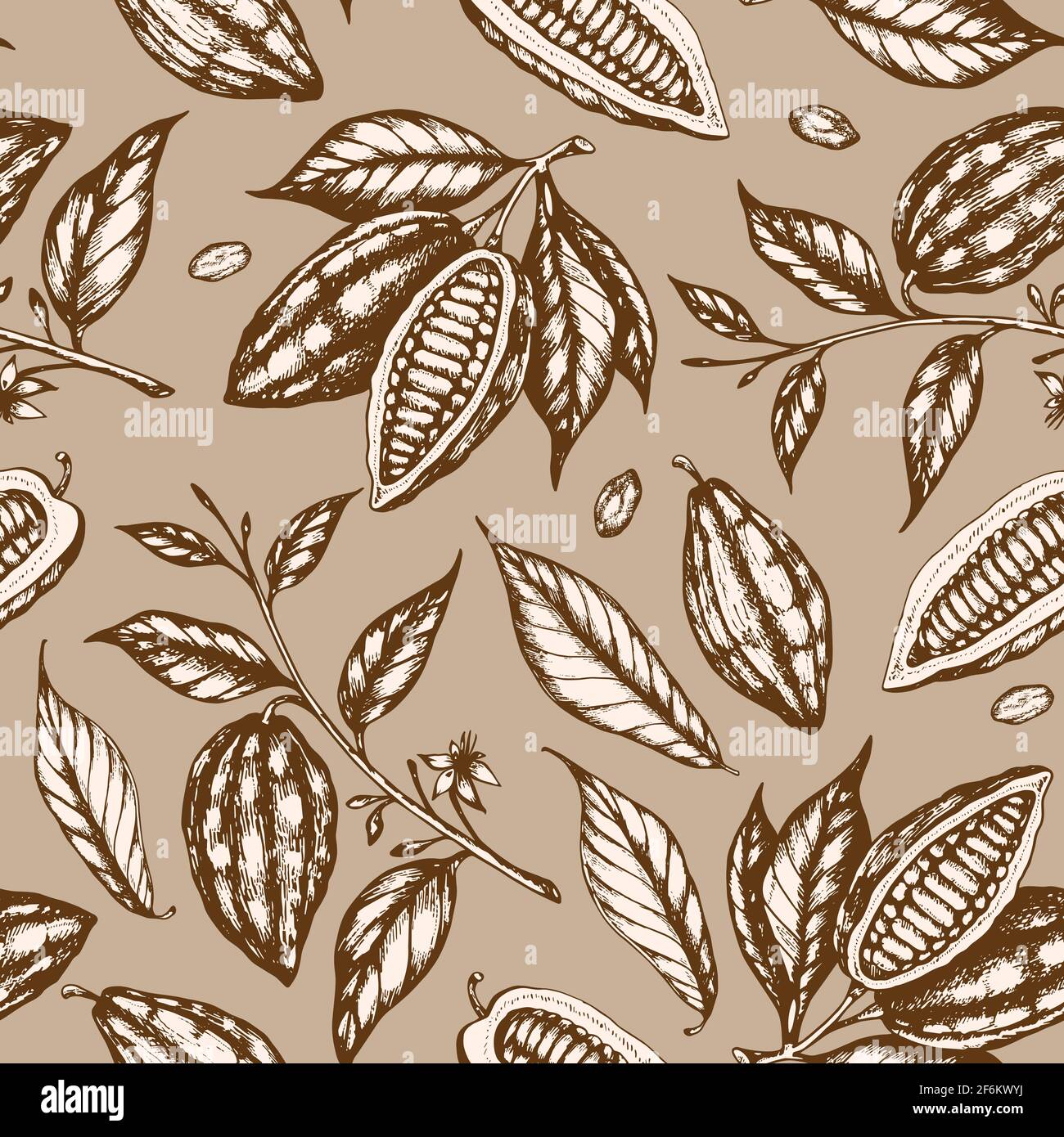 Vintage disegno a mano senza cuciture con semi di cacao e piante di cacao su sfondo marrone. Foto Stock