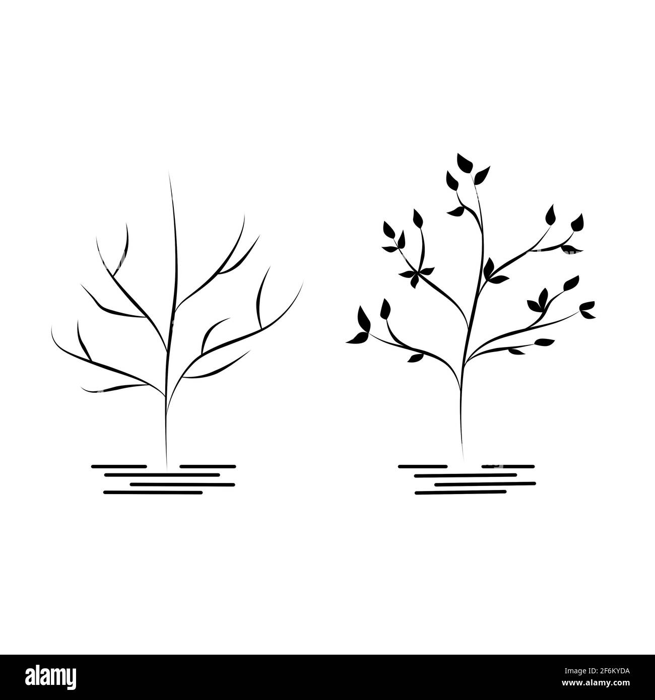Due alberi con fogliame e senza fogliame, illustrazione della natura, disegno. Disegno di contorno. Semplice stile piatto cartoon, schizzo lineare. Contorno nero. Foto Stock