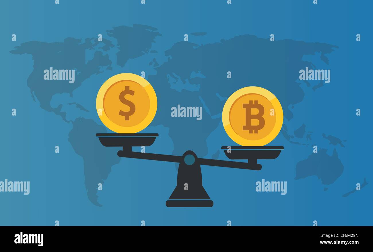 Balance Dollar vs Bitcoin concetto con mappa del mondo su sfondo. Vettore. Illustrazione Vettoriale