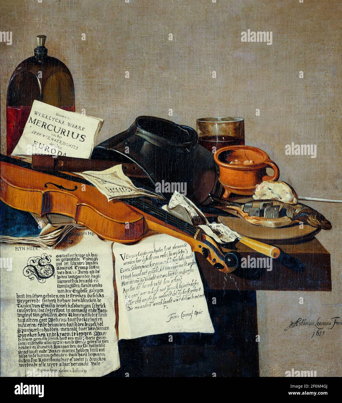 Still Life con una copia di De Waere Mercurius, un opuscolo o un giornale sulla cattura di tre navi inglesi da parte di Tromp il 28 giugno 1639, un poema sul Foto Stock
