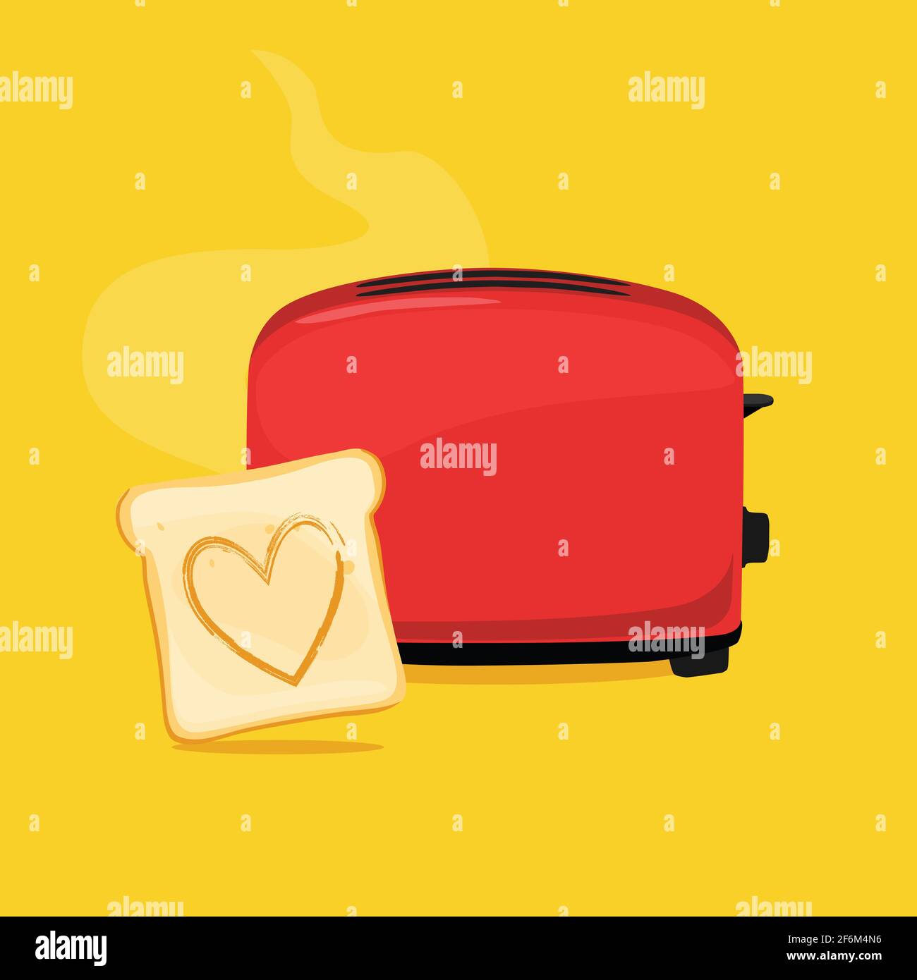 Fette di pane tostato con cuore sagomato e il tostapane su sfondo giallo. Vettore Illustrazione Vettoriale