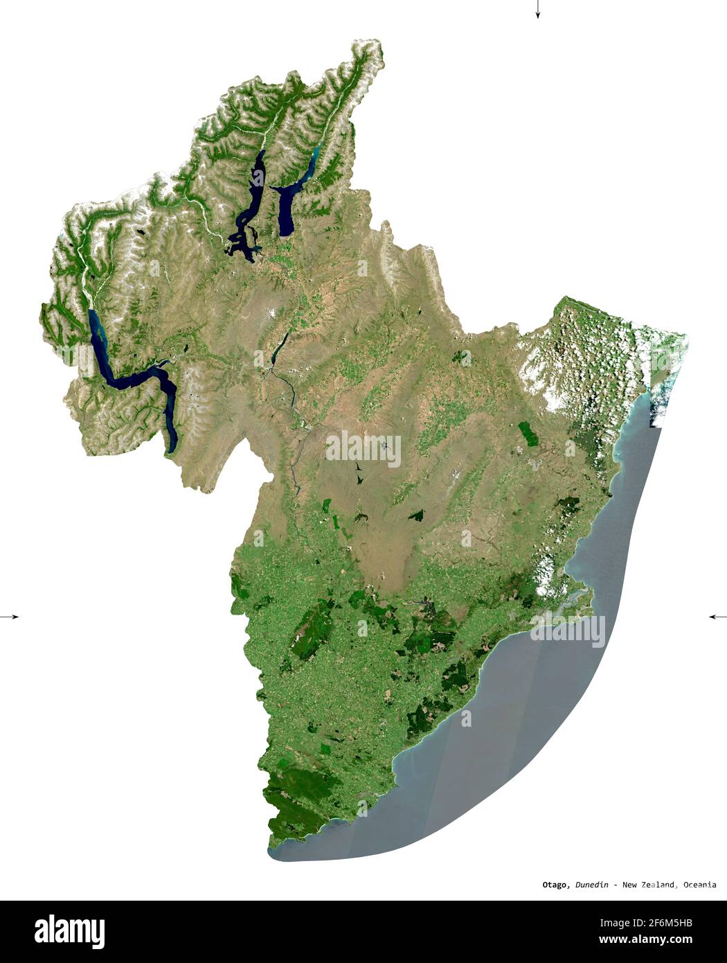 Otago, consiglio regionale della Nuova Zelanda. Immagini satellitari Sentinel-2. Forma isolata su bianco. Descrizione, ubicazione della capitale. Contiene modificato Foto Stock
