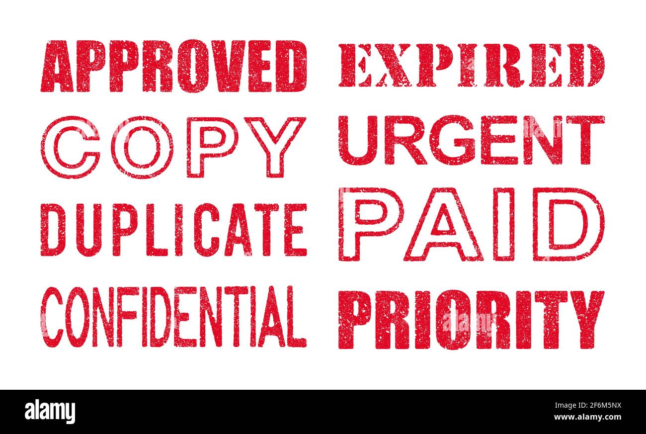 Illustrazione vettoriale di diverse parole d'ufficio nei timbri con inchiostro rosso Illustrazione Vettoriale