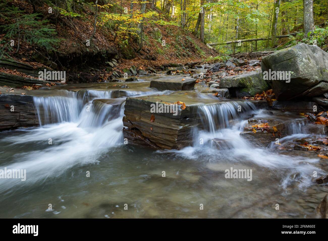 Torrente di montagna e piccola cascata sul sentiero turistico per Duszatyn Lakes. Bieszczady, Carpazi Orientali, Polonia, Europa Foto Stock