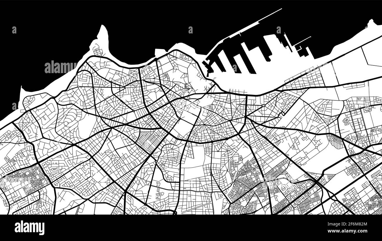 Mappa vettoriale in bianco e nero, strade della città di Casablanca e illustrazione cartografica dell'acqua. Proporzione widescreen, design piatto digitale str Illustrazione Vettoriale