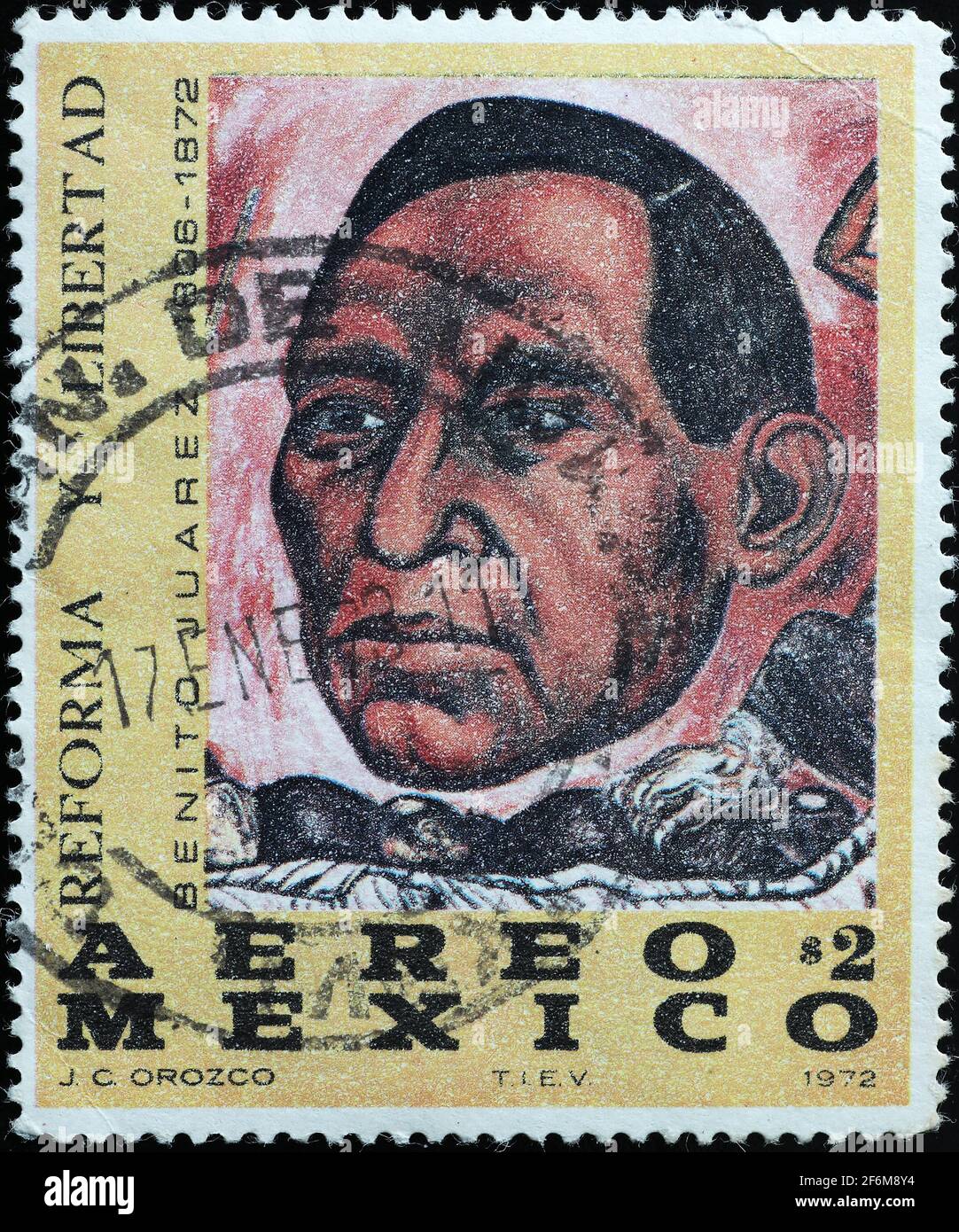 Ritratto di Benito Juarez sul francobollo messicano Foto Stock