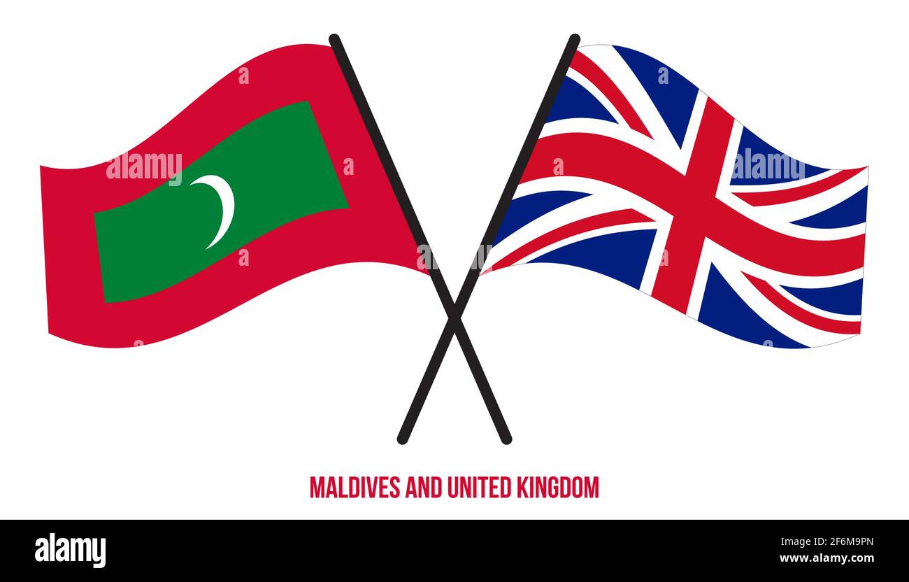Maldive e Regno Unito Bandiere incrociate e ondeggianti stile piatto. Proporzione ufficiale. Colori corretti. Illustrazione Vettoriale