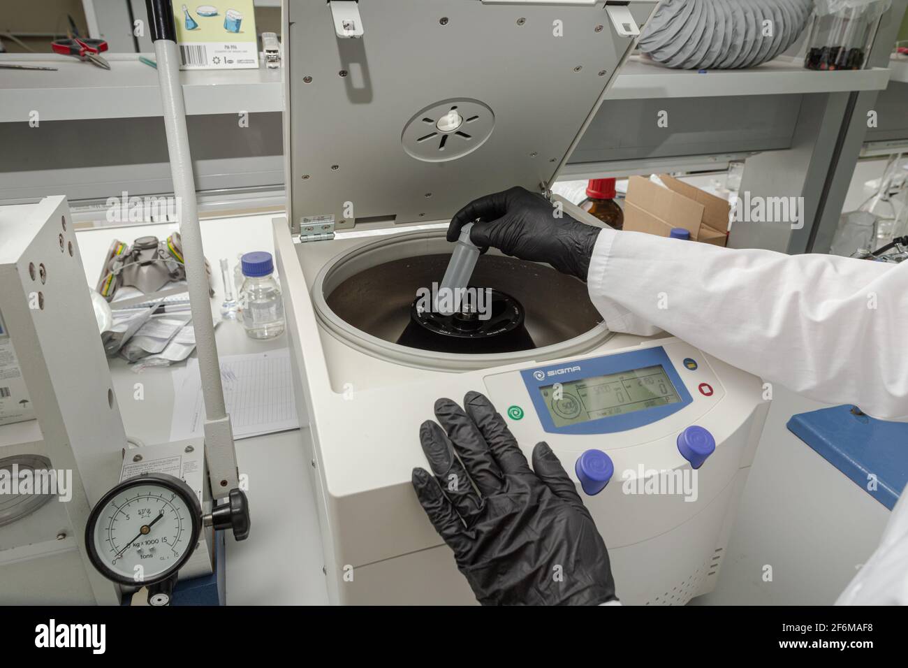 Esecuzione di esperimenti chimici e biologici in laboratorio. Foto Stock