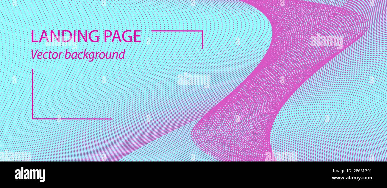 Motivo dell'onda magenta, sfondo celeste. Modello pagina di destinazione astratta. Punti rosa brillante, particelle. Curve tratteggiate. Concetto di dati digitali vettoriali Illustrazione Vettoriale