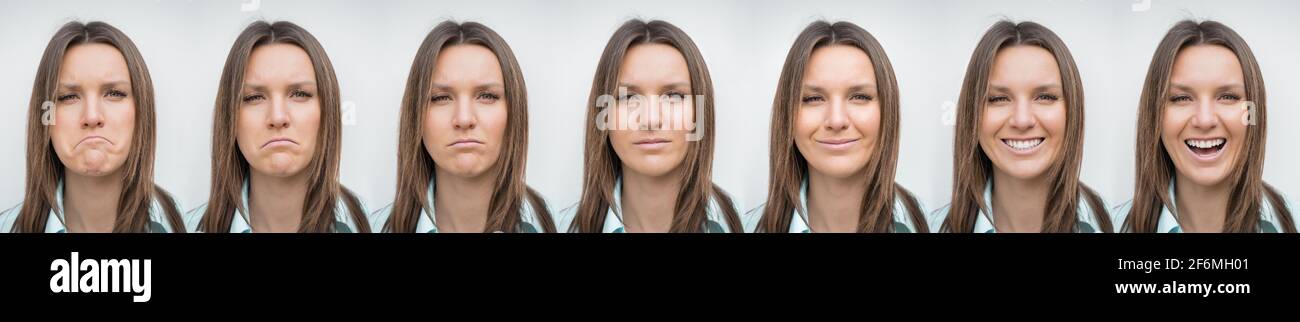 Donna faccia da estremamente triste a felice. Emozioni e umore negativi e positivi Foto Stock