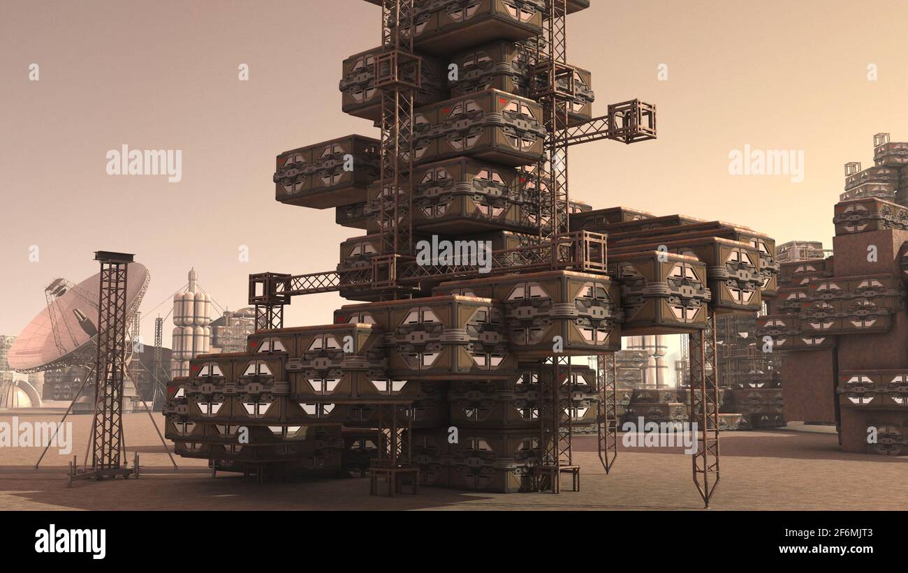 Illustrazione in 3D di una colonia Marte, con pod industriali, modulari, architettonici e habitat, per fantascienza o esplorazioni spaziali. Foto Stock