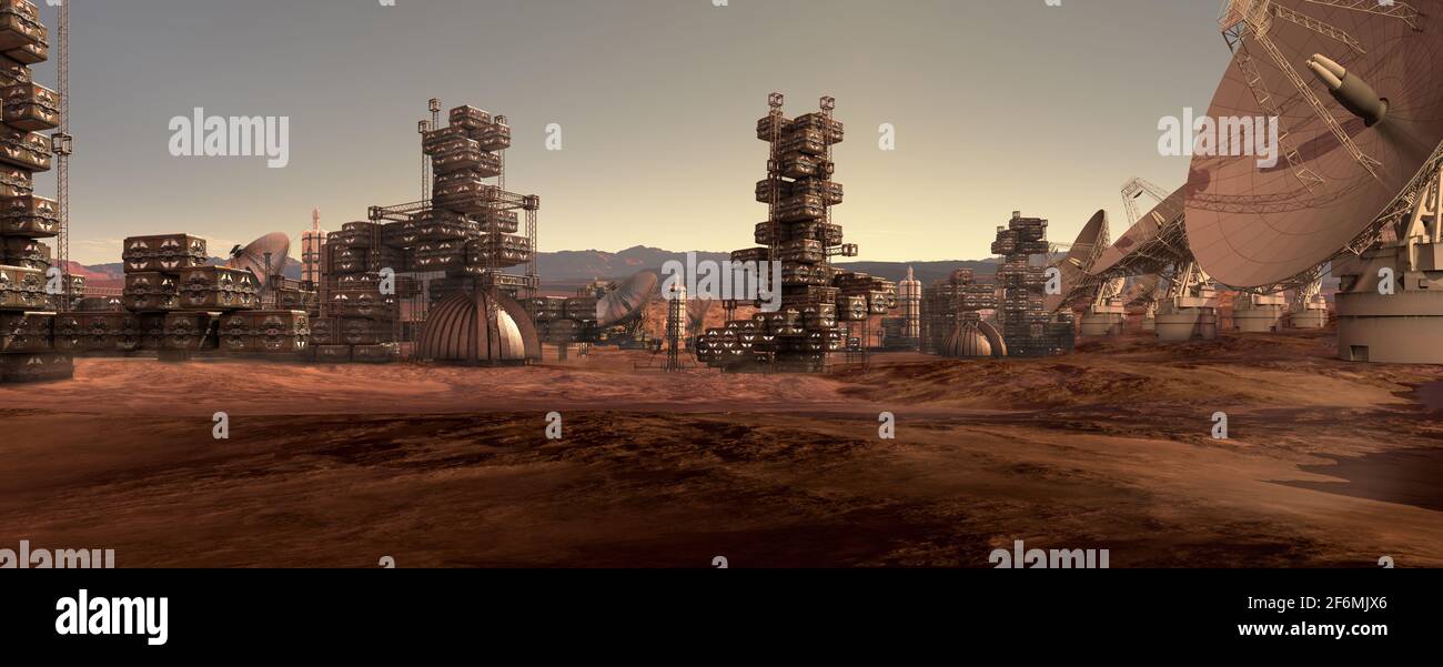 Illustrazione 3D di una colonia su un terreno roccioso rosso simile a Marte con antenne industriali, modulari, architettoniche e di comunicazione, per fantascienza o. Foto Stock