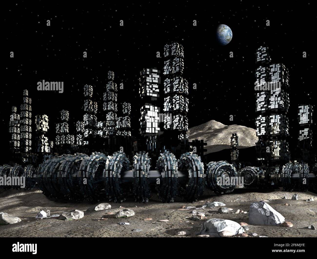 Illustrazione in 3D di una colonia di Luna, con un'architettura industriale, modulare, per fantascienza o esplorazioni spaziali. Foto Stock