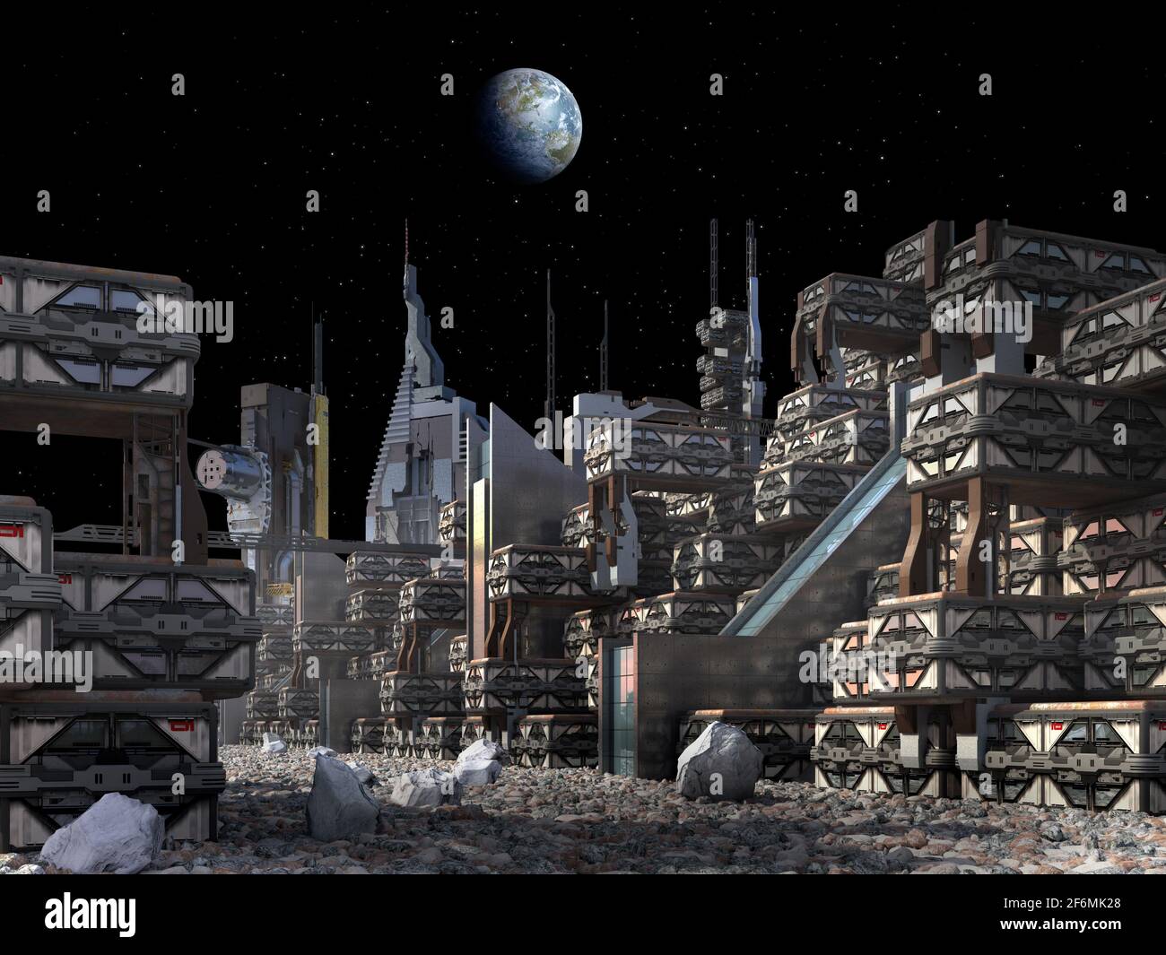 Illustrazione in 3D di una colonia sulla Luna con grattacieli e architettura industriale, modulare, per fantascienza o esplorazioni spaziali. Foto Stock