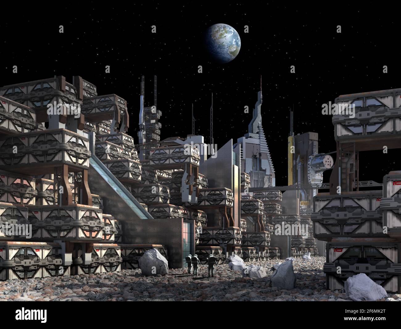 Illustrazione in 3D di una colonia sulla Luna con astronauti vicino a grattacieli e industriale, modulare, architettura, per fantascienza o esplorati spaziali Foto Stock