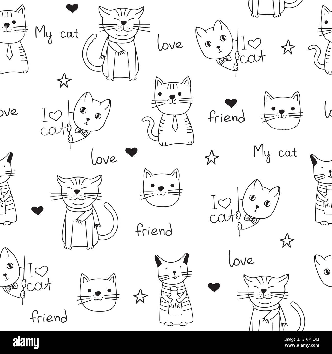 Modello senza cuciture con simpatici gatti disegnati a mano. Animali immagine vettoriale con adorabili gattini. Sfondo lavorabile per il tuo tessuto, disegno tessile, w Illustrazione Vettoriale