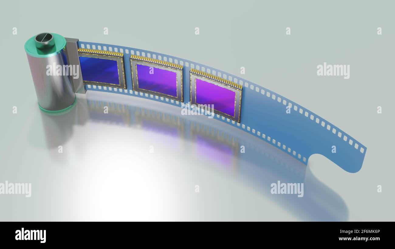 Concetto di evoluzione della tecnologia fotografica, sensori di film e fotocamere digitali, rendering 3D Foto Stock