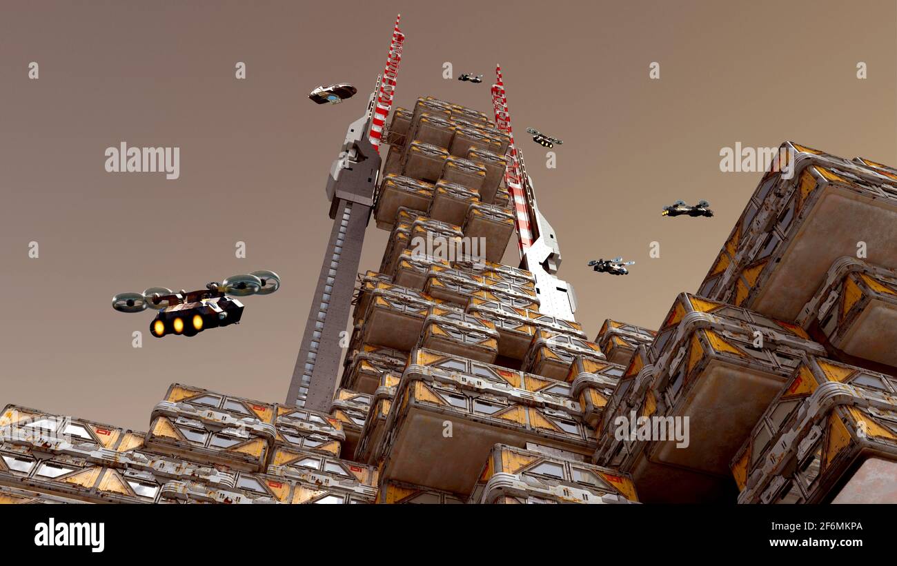 Illustrazione 3D di una struttura di colonia Marte con droni industriali, modulari, architettonici e volanti, per fantascienza o esplorazione spaziale backgrou Foto Stock