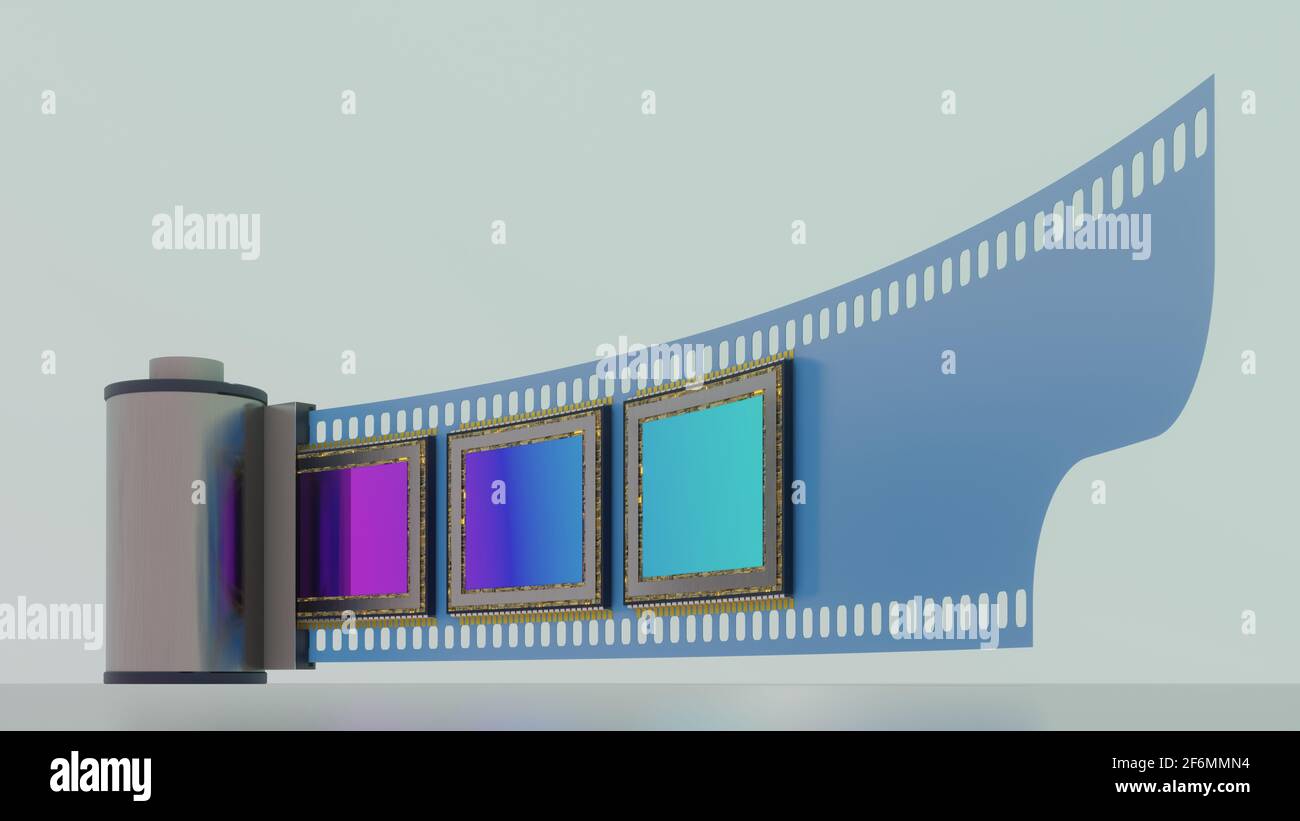 Concetto di evoluzione nella tecnologia fotografica, sensori di film e fotocamere digitali, punto di vista basso, rendering 3D Foto Stock