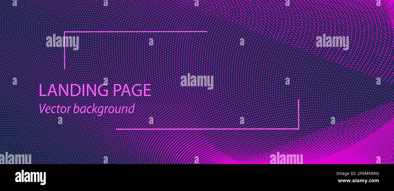 Pagina di destinazione futuristica. Sfondo viola scuro con particelle magenta. Internet, concetto di cyberspazio. Ripetizione di mesh, curve tratteggiate. Modello astratto Illustrazione Vettoriale