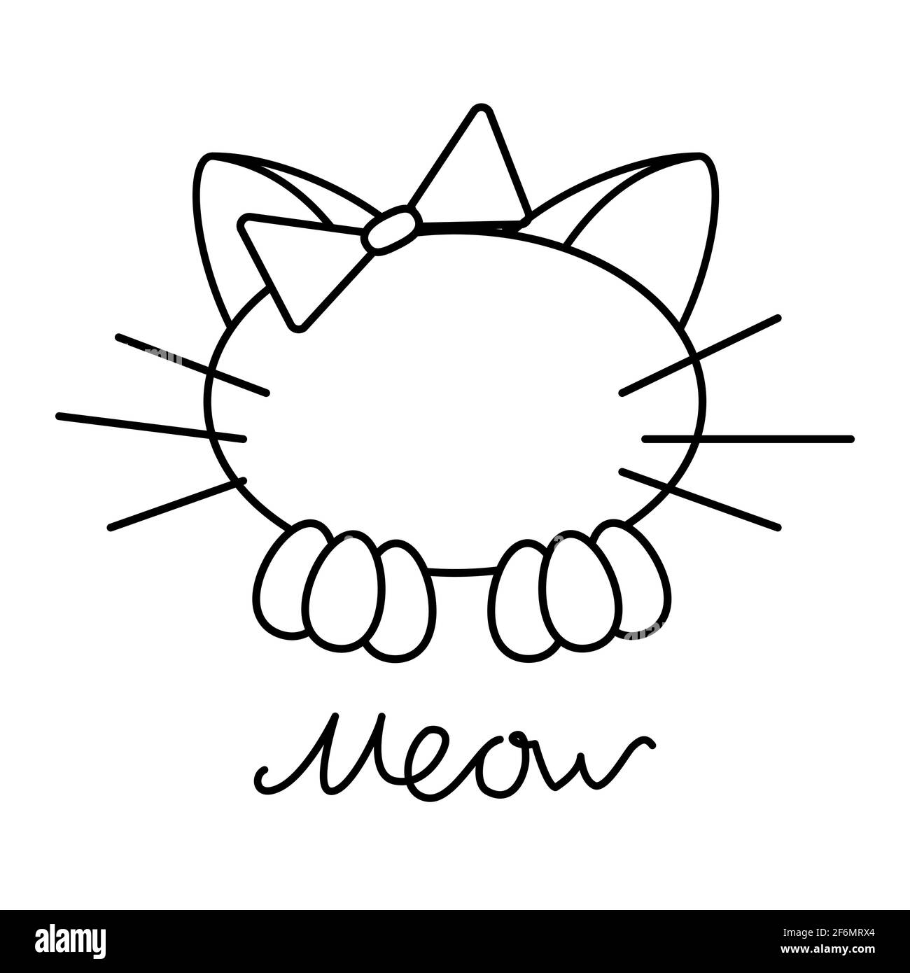Gatto nero con prua e lettere meow isolato su sfondo bianco. Elemento grafico vettoriale semplice. Illustrazione Vettoriale