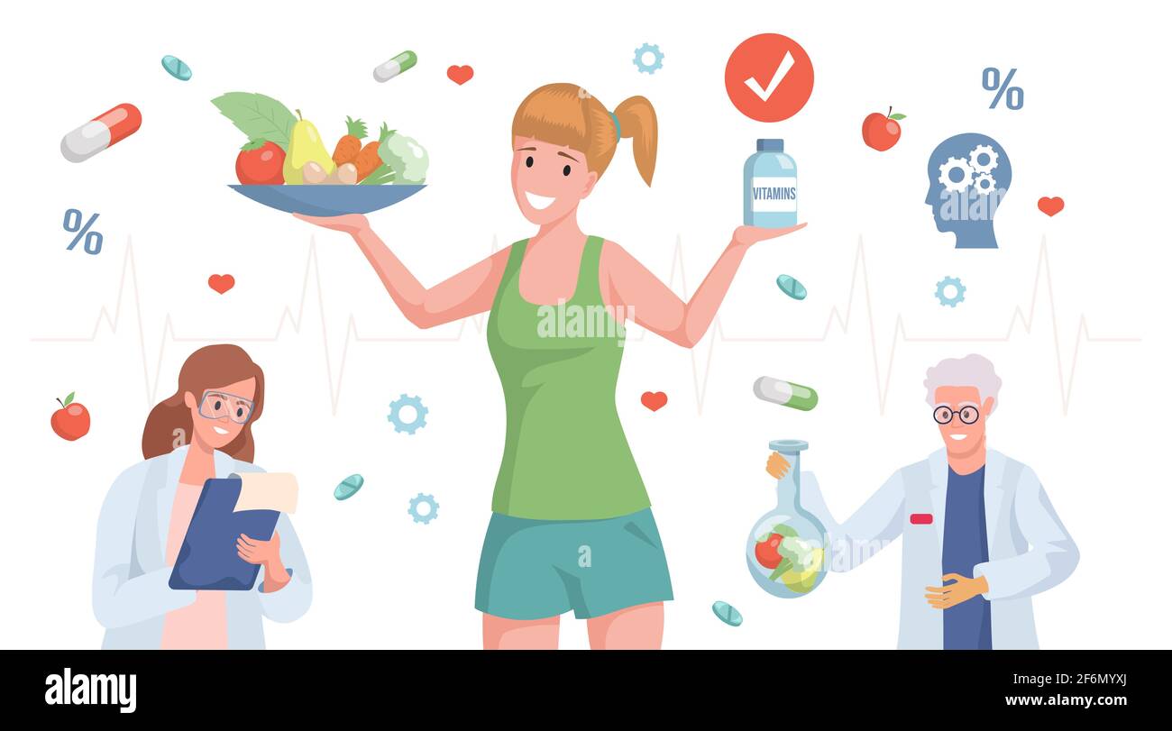 Donna sorridente felice in abiti sportivi che tengono piatto con frutta e verdura e bottiglia con vitamine vettore piatto cartoon illustrazione. Alimentazione sana ed equilibrata, concetto di integratori alimentari. Illustrazione Vettoriale