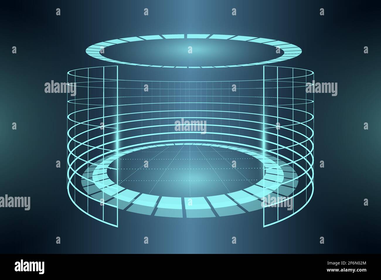 Futuristico anello di realtà virtuale con luce neon blu. Astratto cerchio sci-fi elementi portale cyberspazio. Podio della piattaforma del cilindro VR. Piedistallo digitale Teleport. Illustrazione eps modello arena base stand Illustrazione Vettoriale