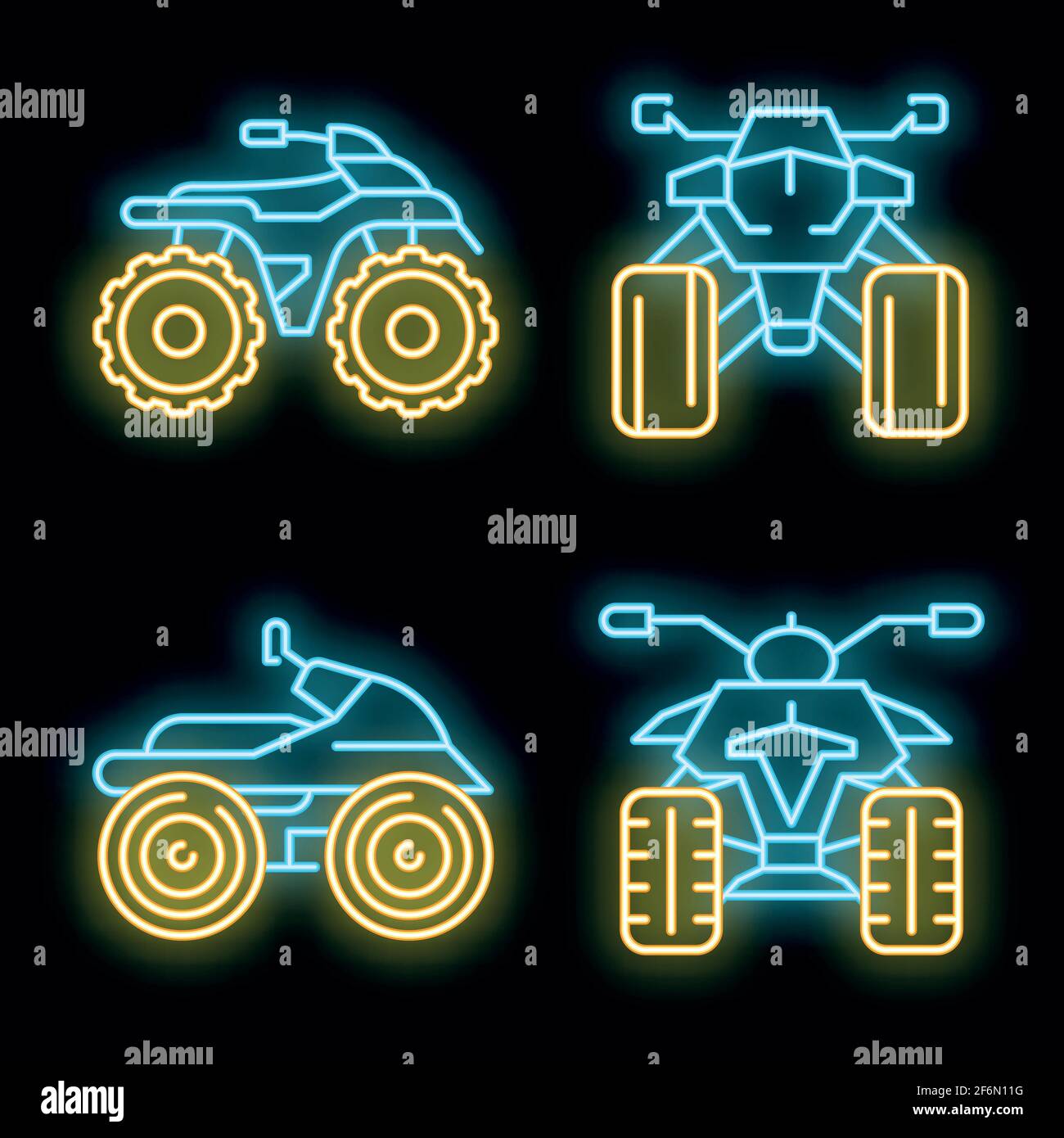 Set di icone per quad bike. Contorno insieme di icone vettoriali quad bike colore neon su nero Illustrazione Vettoriale