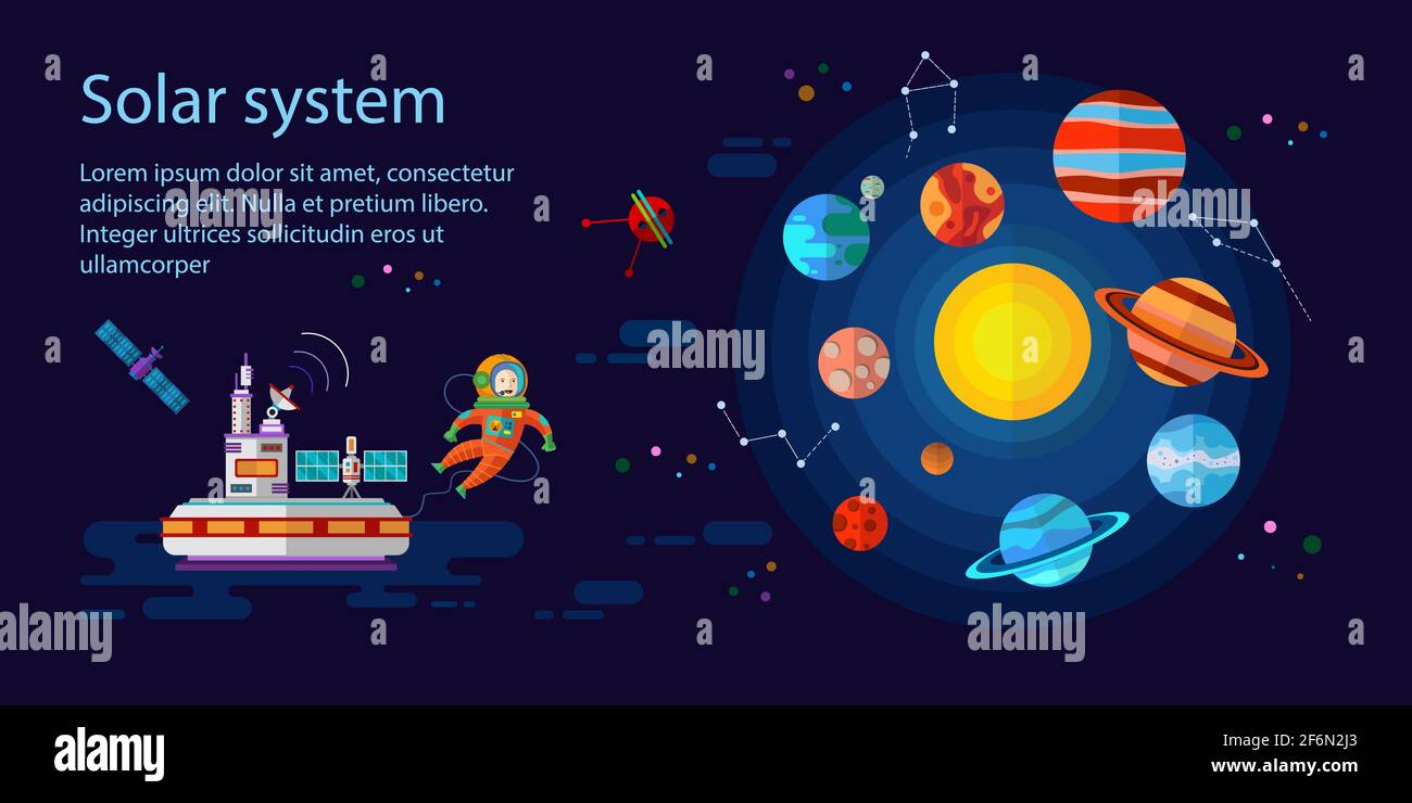 Elementi spaziali piatti con astronauta, pianeti, stazione spaziale e satelliti. Illustrazione Vettoriale