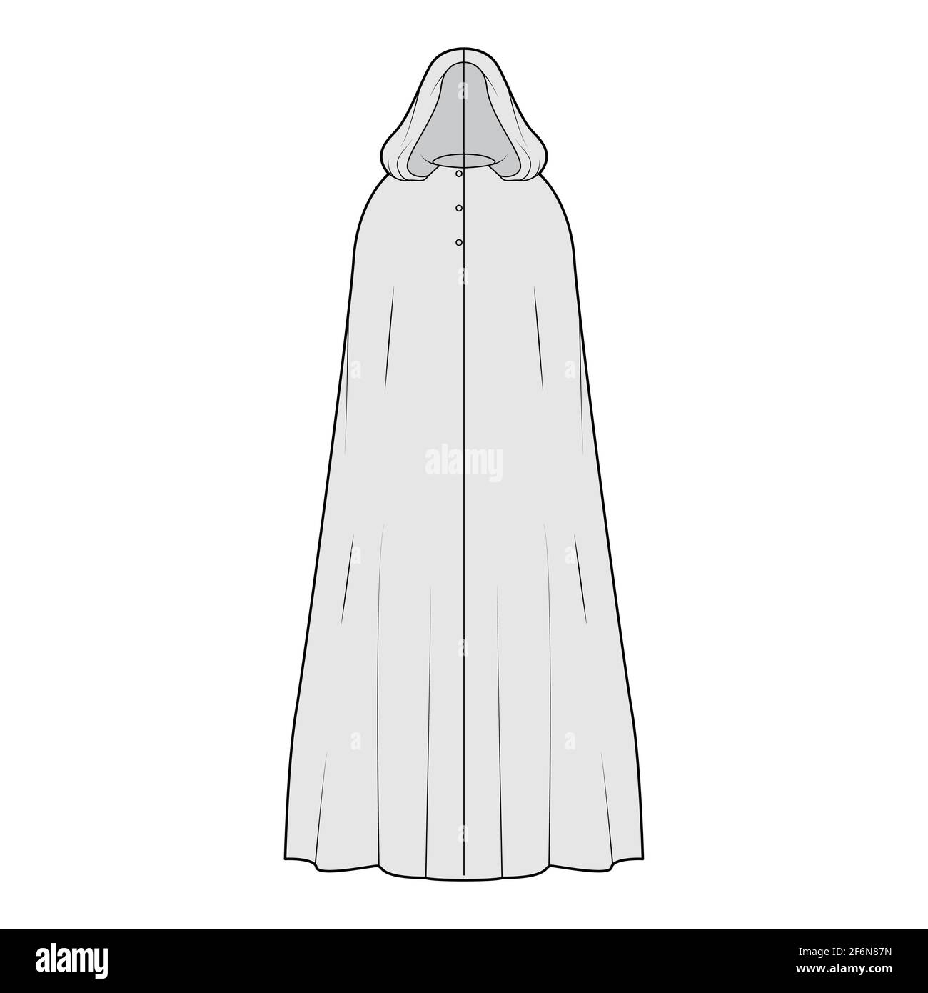 Cappotto di mantello illustrazione tecnica di moda con cappuccio, corpo a trapezio oversize, lunghezza massima pavimento, chiusura a bottone. Mascherina anteriore piatta, colore grigio. Donne, uomini, unisex top CAD mockup Illustrazione Vettoriale