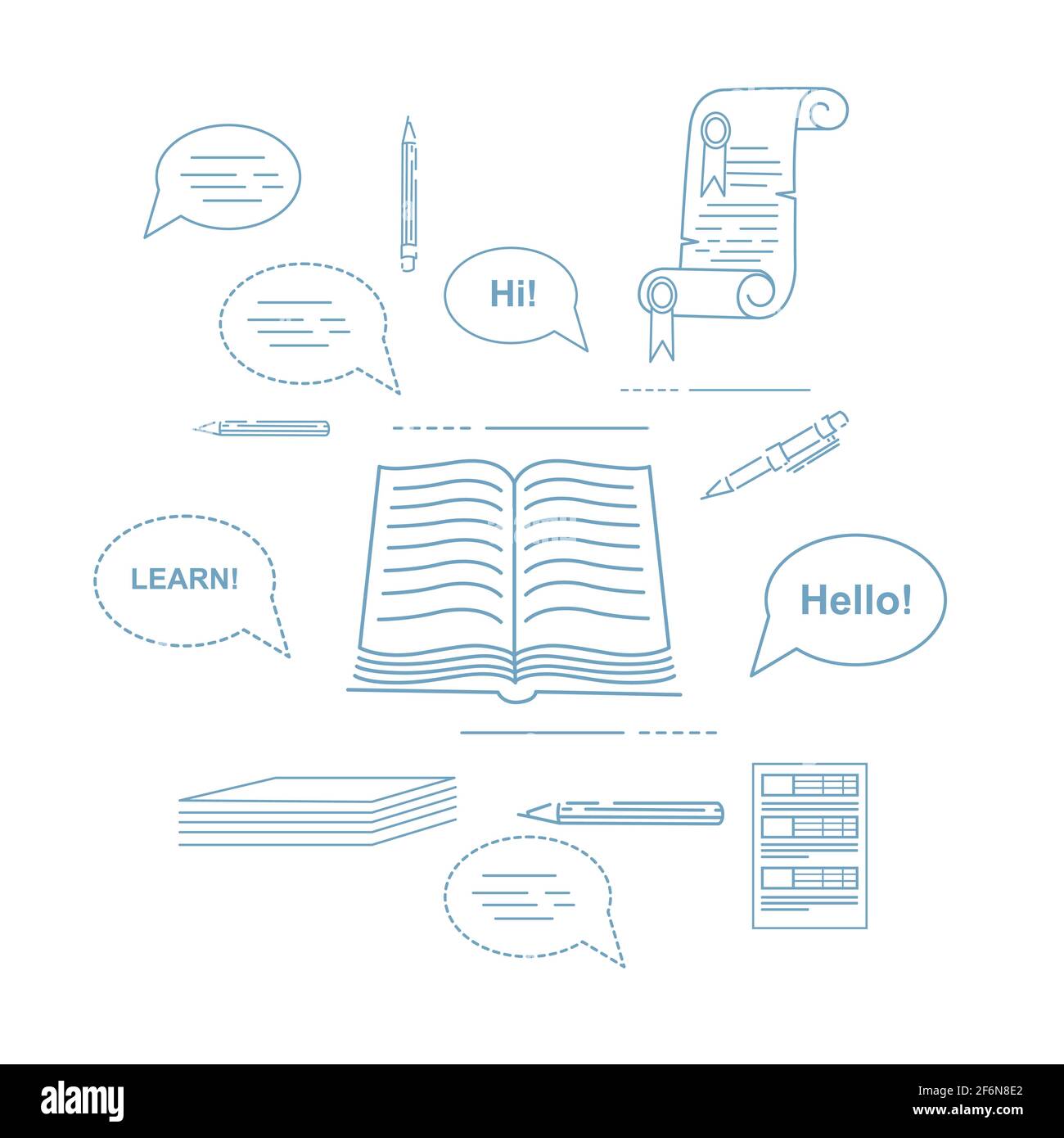 Outline Style Corsi di lingua inglese concetto di formazione online o servizio di traduzione illustrazione vettoriale su sfondo bianco. Illustrazione Vettoriale