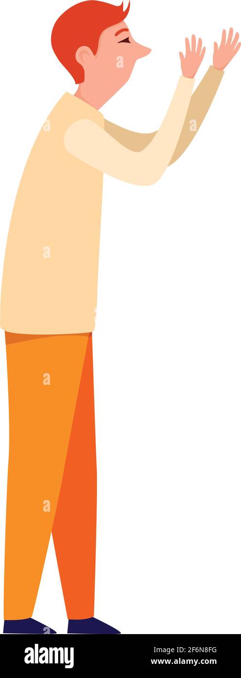 Illustrazioni vettoriali piatte del gesto di saluto dell'uomo. Rappresentante di nazione differente che agita la mano. L'uomo in abiti casual dice Ciao. Illustrazione Vettoriale