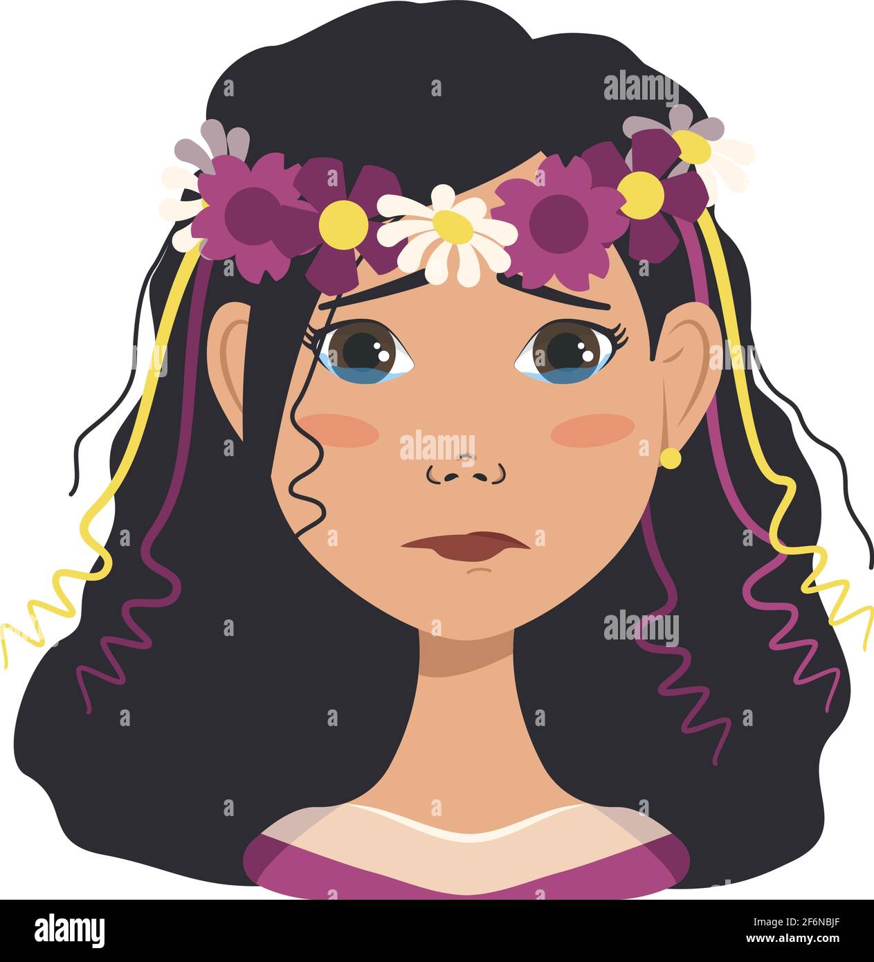 Avatar donna con capelli neri e corona di fiori primaverili o estivi. Ragazza con le lacrime negli occhi Illustrazione Vettoriale