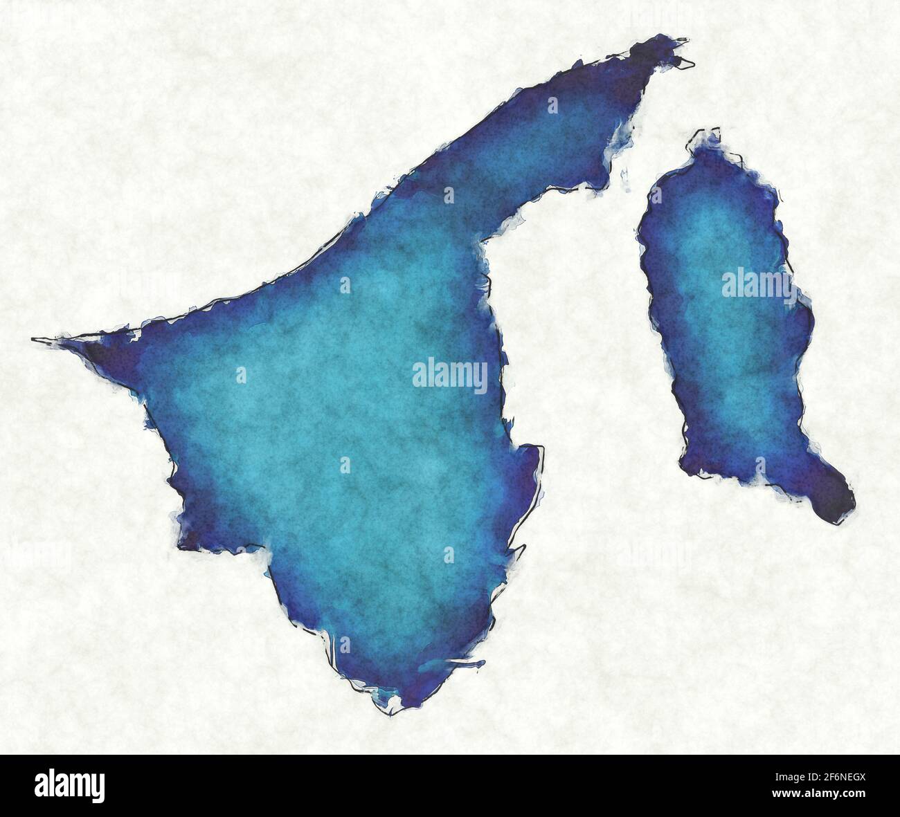 Mappa Brunei con linee tracciate e illustrazione blu acquerello Foto Stock