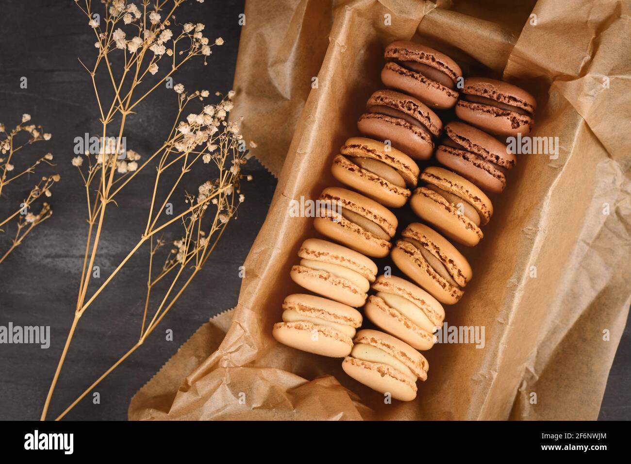 Macaron francesi di colore marrone naturale, beige e crema con aroma di caffè, moka, cioccolato e vaniglia in teglia con carta da forno Foto Stock