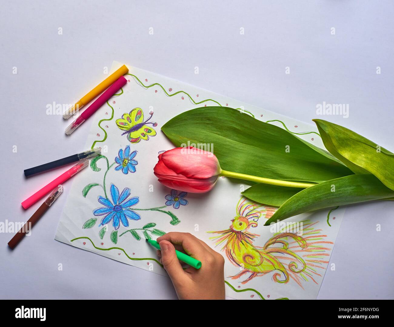 disegno di fiori e primavera per bambini con penne in feltro su bianco carta Foto Stock