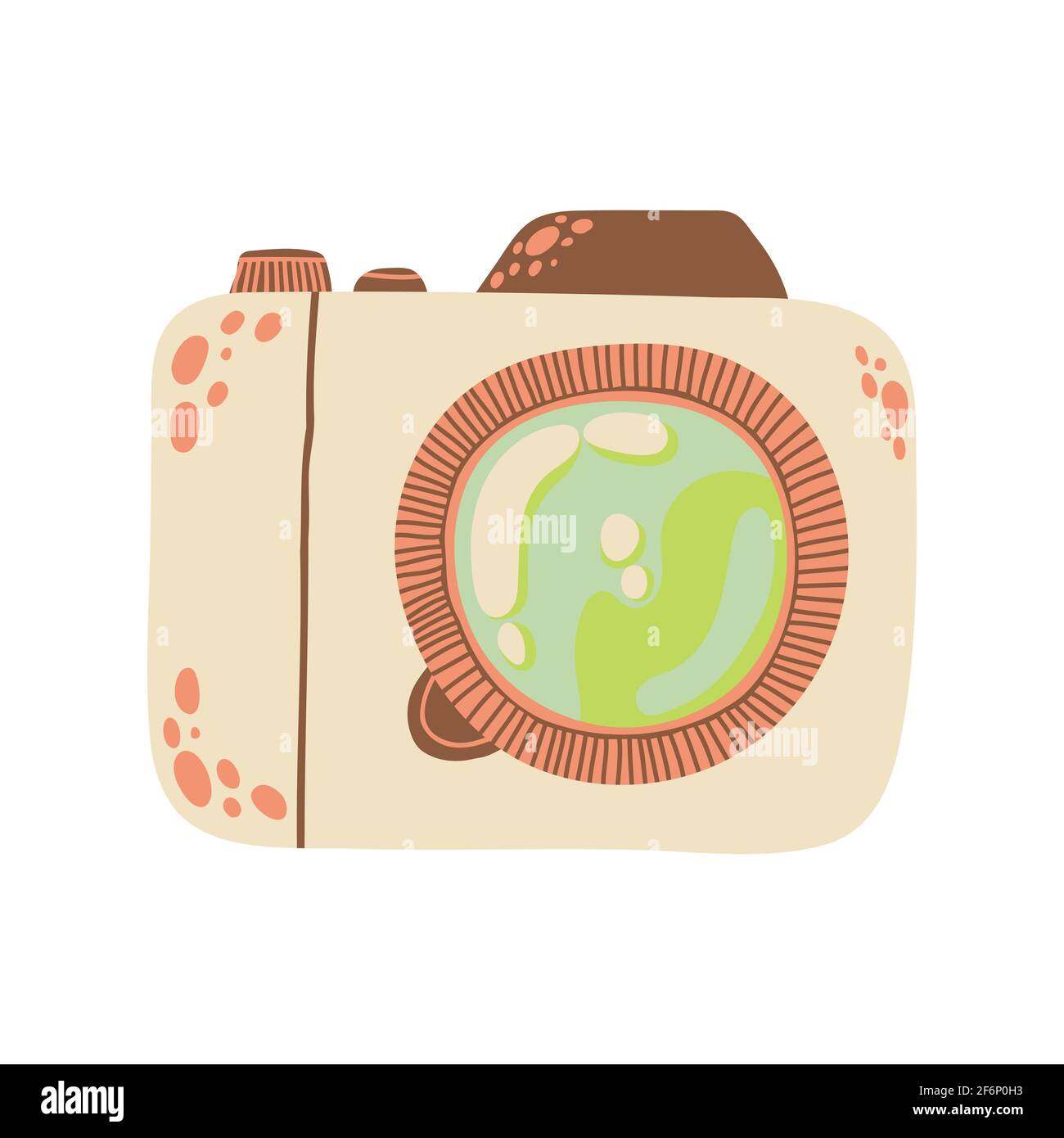 Carino icona fotocamera in cartoon piano design. Clip art per fotocamera DSLR in stile doodle. Illustrazione vettoriale isolata su sfondo bianco. Illustrazione Vettoriale