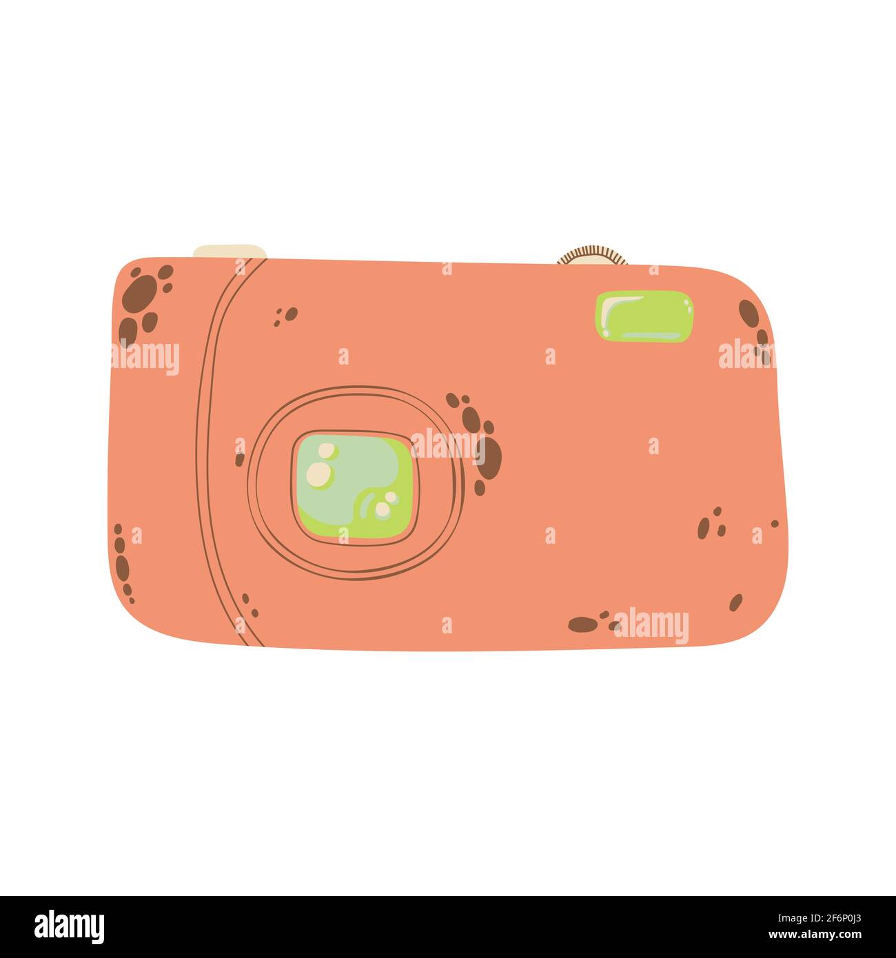 Carino icona compatta della fotocamera in cartoon flat design. Fotocamera digitale con clip art con impugnatura a batteria in stile doodle. Illustrazione vettoriale isolata su whit Illustrazione Vettoriale