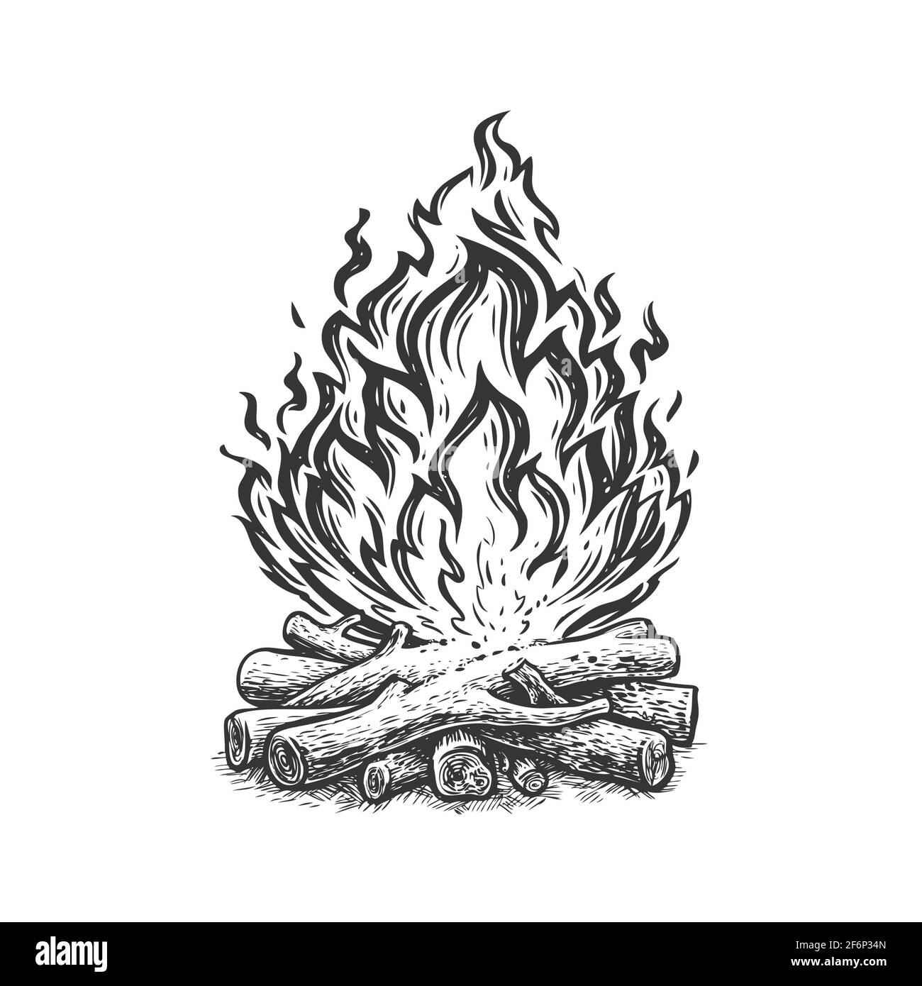 Schizzo del falò. Camino, fiamma e legna da ardere che bruciano disegnati a mano vintage illustrazione vettoriale Illustrazione Vettoriale