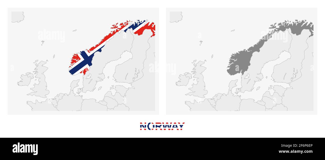 Due versioni della mappa della Norvegia, con la bandiera della Norvegia ed evidenziata in grigio scuro. Mappa vettoriale. Illustrazione Vettoriale