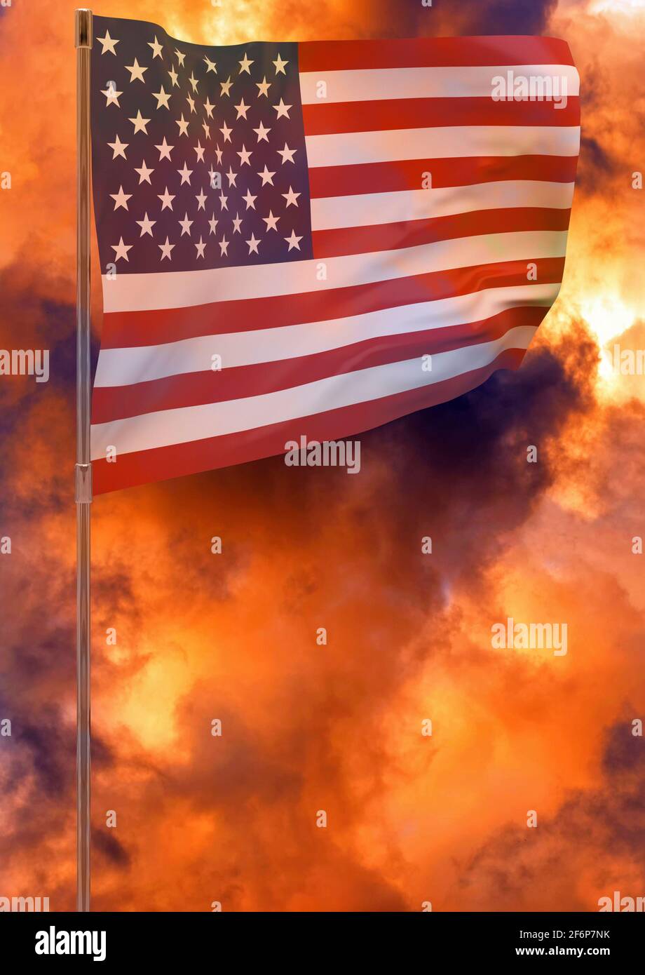 Bandiera degli Stati Uniti d'America con sfondo cielo. Striscione ondulato. Bandiera nazionale degli Stati Uniti d'America Foto Stock